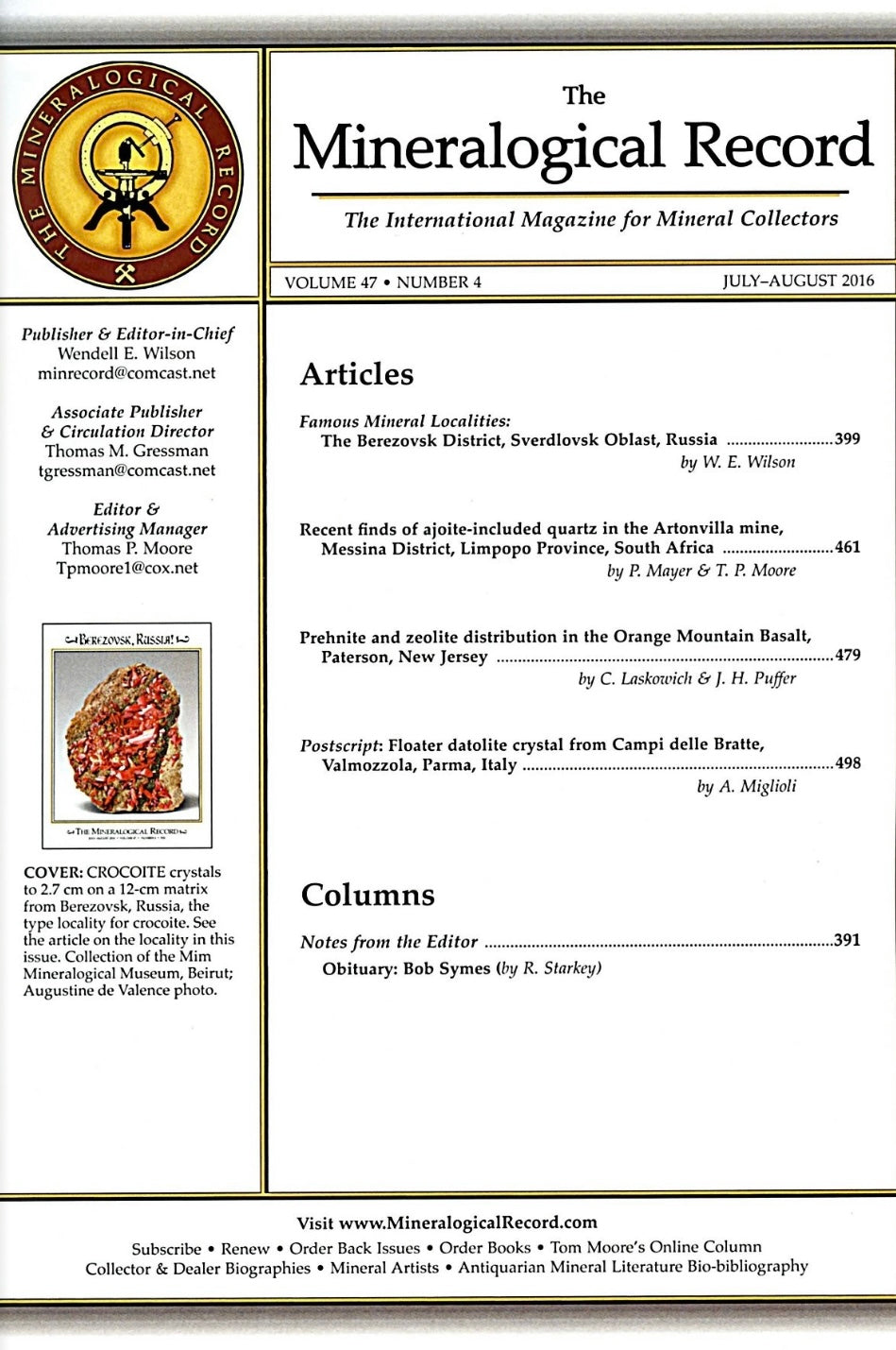The Mineralogical Record | Berezovsk, Russia! July - Aug 2016, Vol 47 no 4